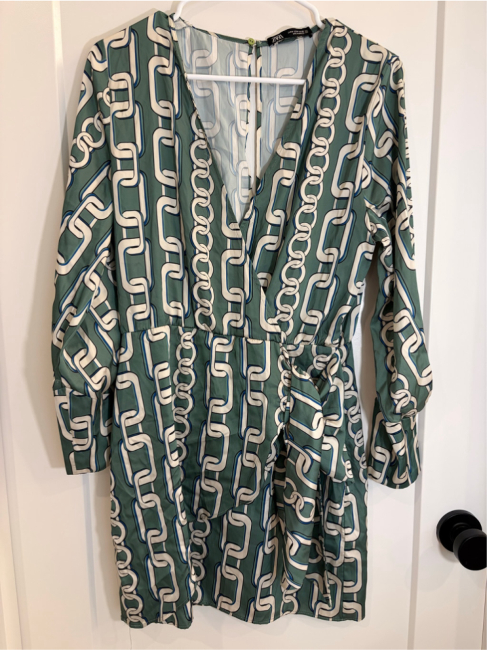 Zara Green Chain Link Print Mini Dress Size Medium Tie Front